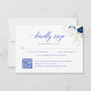 Modern Royal Blue Floral Wedding QR Code RSVP Card