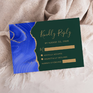 Modern Royal Blue Gold Agate Emerald Green Wedding RSVP Card