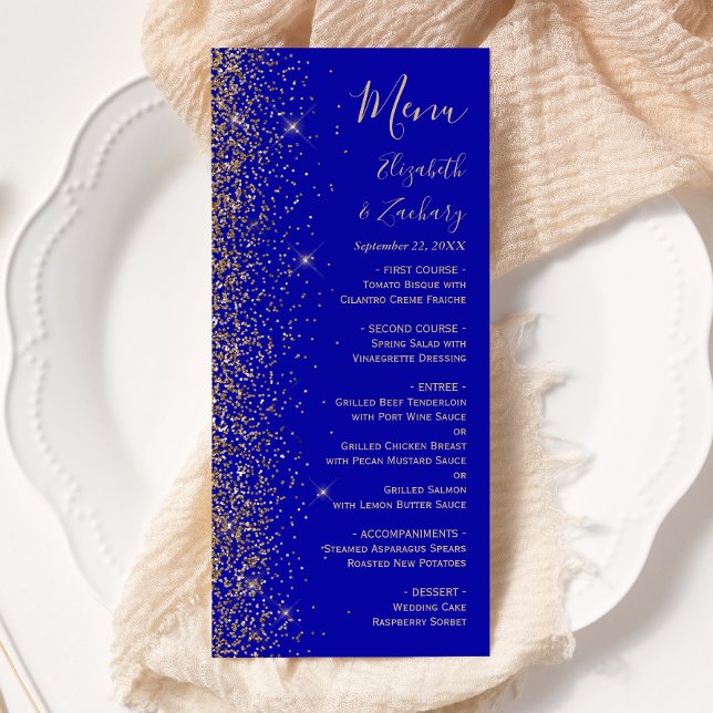 Modern Royal Blue Gold Glitter Edge Wedding Menu (Creator Uploaded)