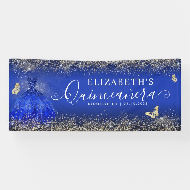 Modern Royal Blue Gold Gown Quinceañera Welcome Banner (Horizontal)