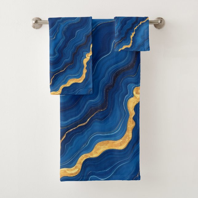 Modern Royal Blue Gold Marble Collection Bath Towel Set (Insitu)