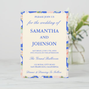 Modern Royal Blue Ivory Floral Monogram Wedding Invitation