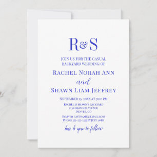 Modern Royal Blue Modern Monogram Backyard Wedding Invitation