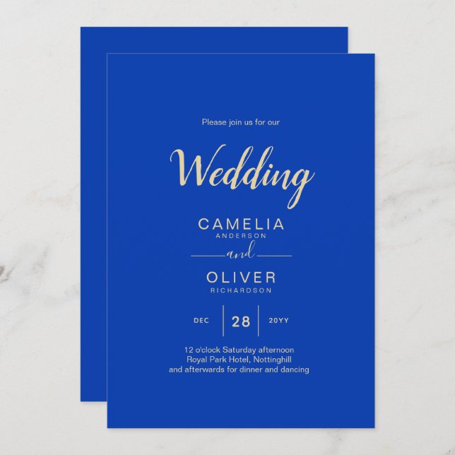 Modern Royal Blue Monochrome Wedding INVITE (Front/Back)