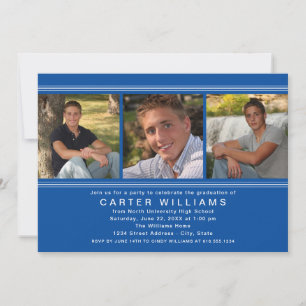Modern Royal Blue Photo Collage Graduation Party Invitation