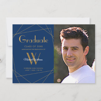 Modern Royal Blue Photo Monogram Graduation Announcement