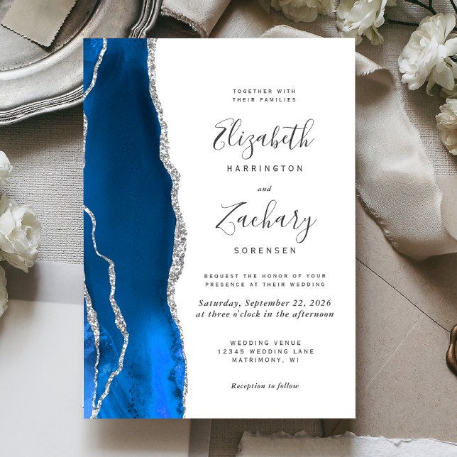 Modern Royal Blue Silver Agate Wedding Invitation (Creator Uploaded)