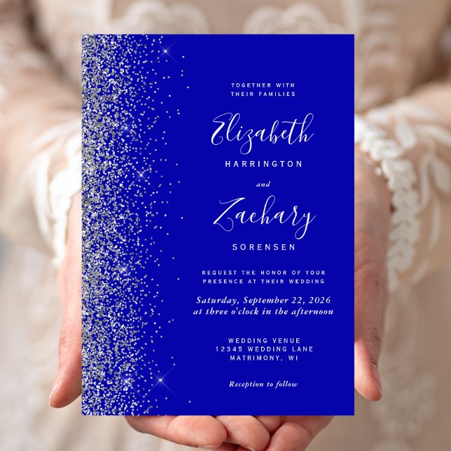 Modern Royal Blue Silver Glitter Edge Wedding Invitation (Creator Uploaded)