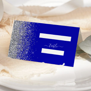 Modern Royal Blue Silver Glitter Edge Wedding Place Card