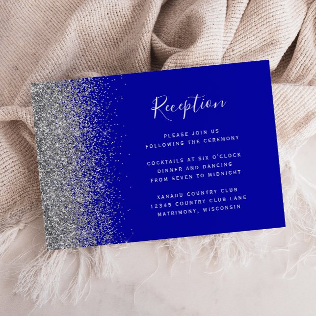 Modern Royal Blue Silver Glitter Wedding Reception Enclosure Card (Creator Uploaded)
