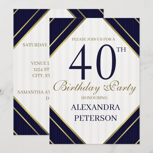 Modern Royal Blue White And Gold Stripes Birthday Invitation (Front/Back)