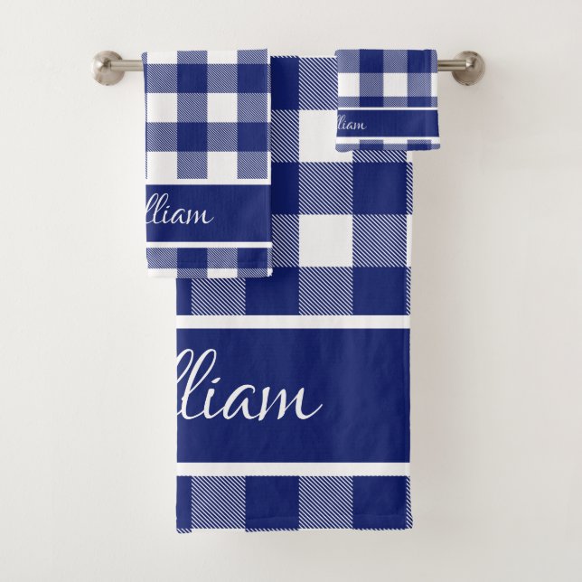 Modern Royal Blue White Buffalo Checks Bath Towel Set (Insitu)