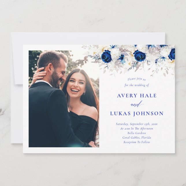 Modern Royal Blue & White Floral Photo Wedding Invitation (Front)