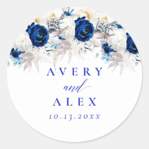 Modern Royal Blue & White Floral Wedding Classic Round Sticker