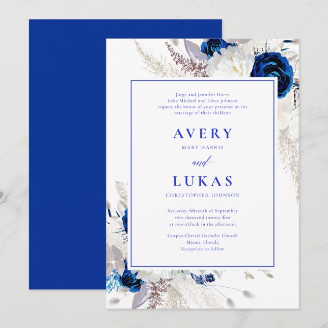 Modern Royal Blue & White Flowers Wedding Invitation (Front/Back)
