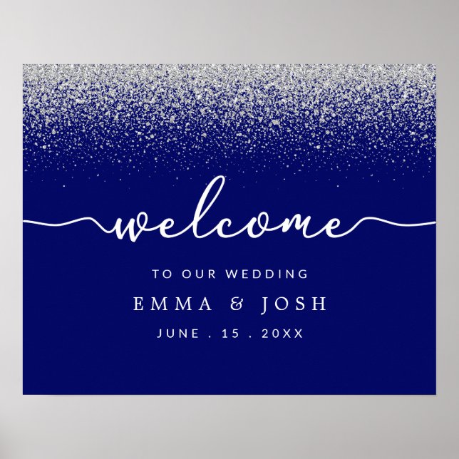 Modern Royal Blue with Silver Glitter Wedding Poster (Front)