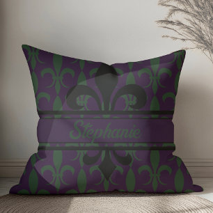 Modern Royal Purple Fleur-de-lis pattern Monogram Throw Pillow