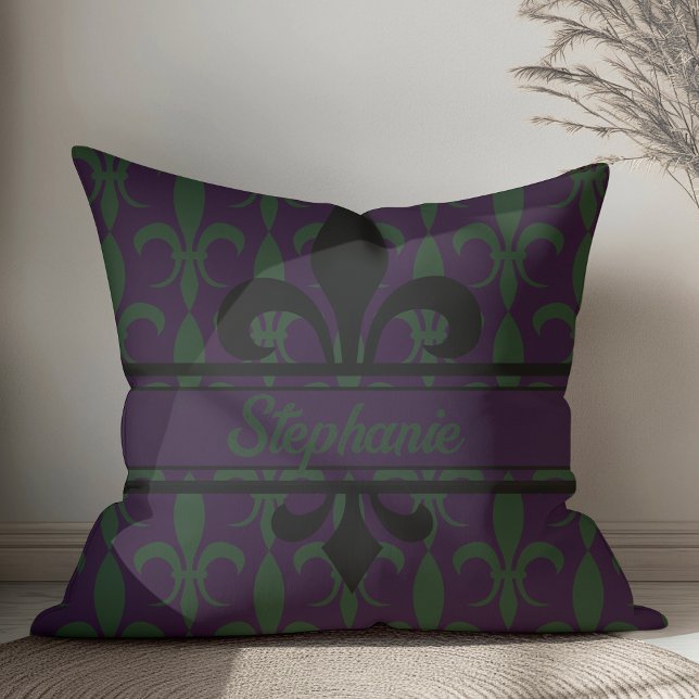 Modern Royal Purple Fleur-de-lis pattern Monogram Throw Pillow (Creator Uploaded)