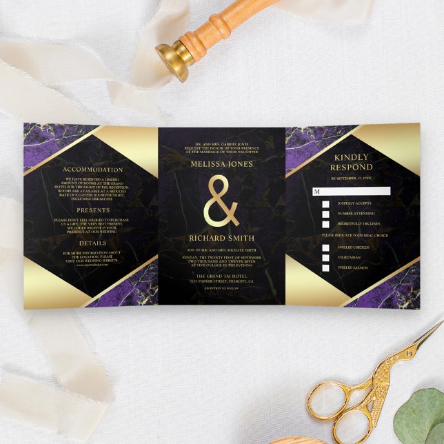 Modern Royal Purple Gold Marble Ampersand Wedding Tri-Fold Invitation (Creator Uploaded)