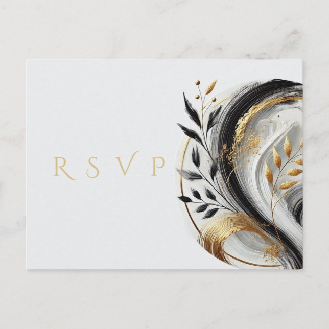 Modern RSVP Black White and Gold Wedding- Postcard (Front)