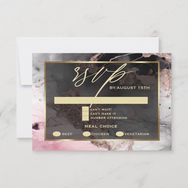 Modern RSVP Paint Abstract Rose Charcoal Gold Invitation (Front)