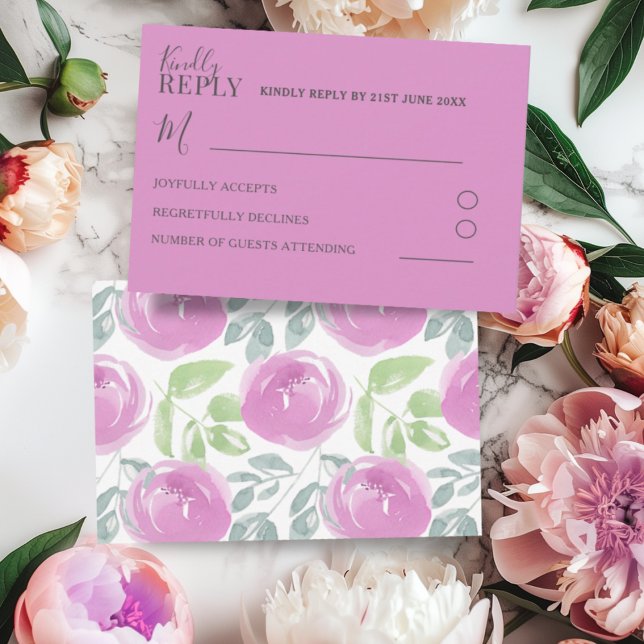 Modern RSVP Pink Watercolor Floral Wedding Card (Creator Uploaded)