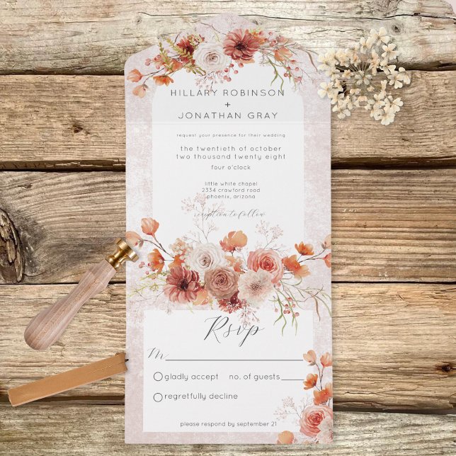 Modern Rust Boho & Neutrals Floral No Dinner All In One Invitation (Creator Uploaded)