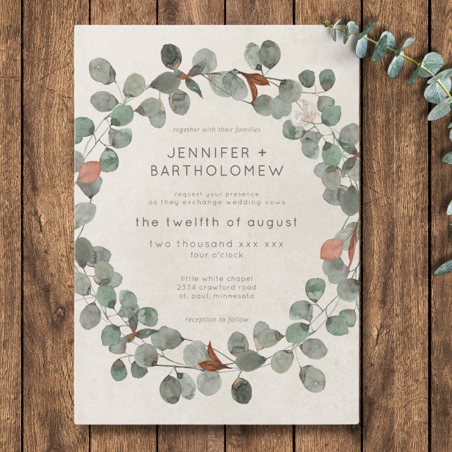 Modern Rust Green Eucalyptus Wreath Wedding Invitation (Modern Rust Green Eucalyptus Wreath Wedding Invitation)