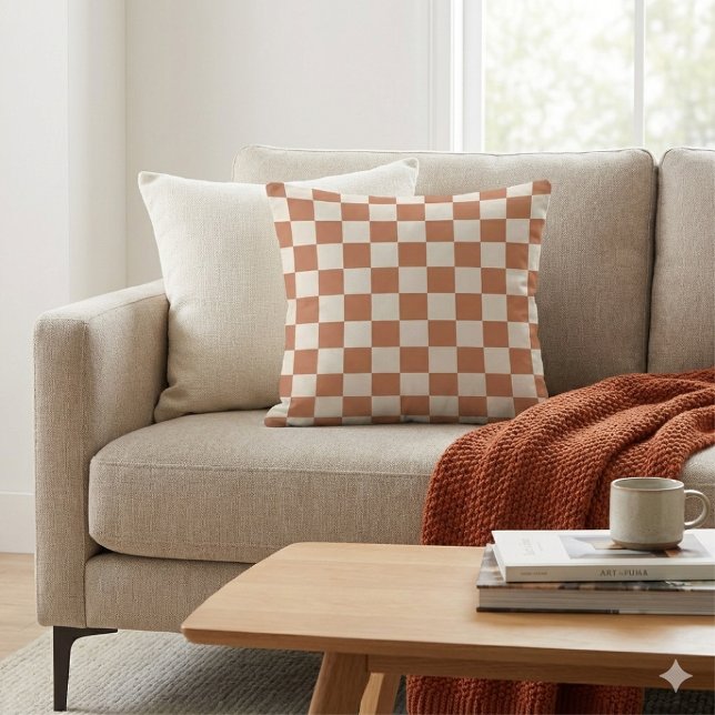 Modern Rust Orange & Cream Gingham Throw Pillow (Creator Uploaded)