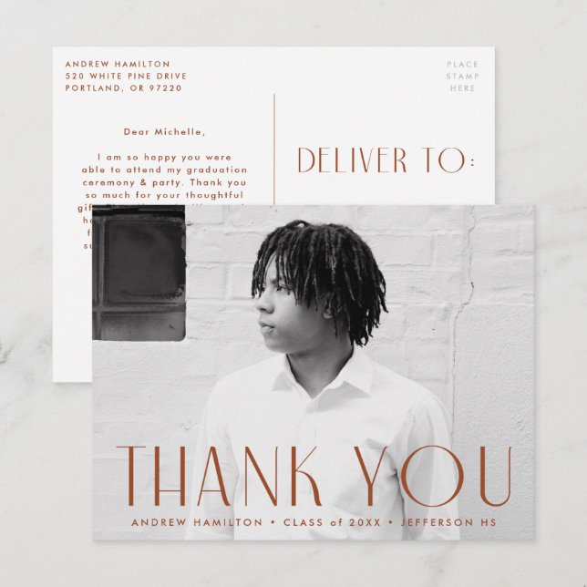 Modern Rust Photo Graduation Thank You Postcard (Front/Back)