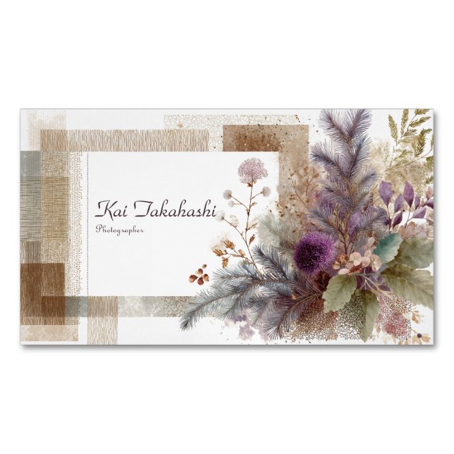 Modern Rustic Abstract Botanical Collage Magnetic Business Card (Front)