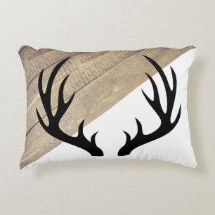 Modern Rustic Barn Wood & Black Antlers Accent Pillow