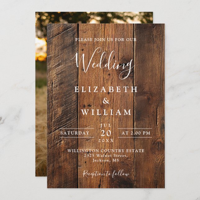 Modern Rustic Barn Wood Photo Wedding Invitation (Front/Back)