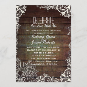 modern rustic barnwood lace country wedding invitation