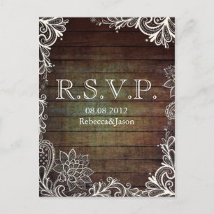 modern rustic barnwood lace country wedding RSVP Invitation Postcard