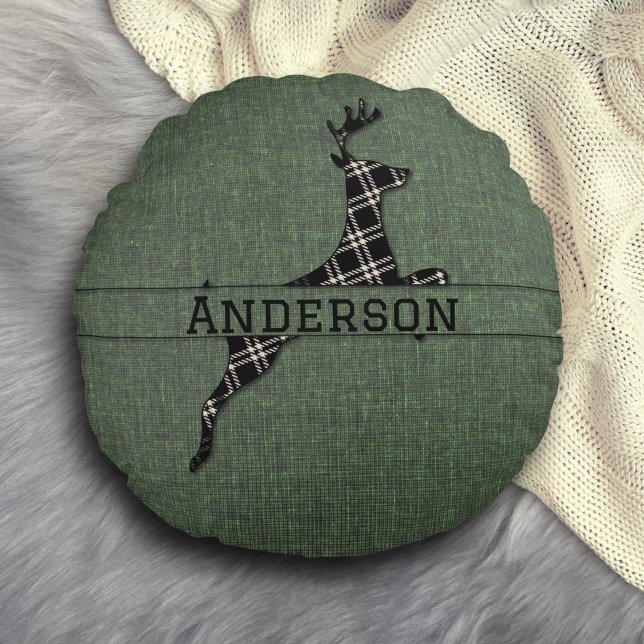 Modern Rustic Black And White Plaid Deer Round Pillow (Creator Uploaded)