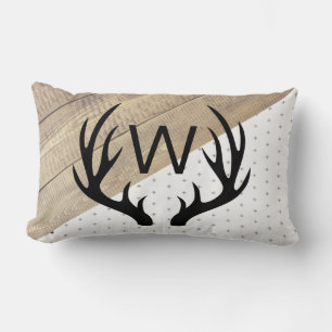 Modern Rustic Black Antlers & Wood Pattern Lumbar Pillow