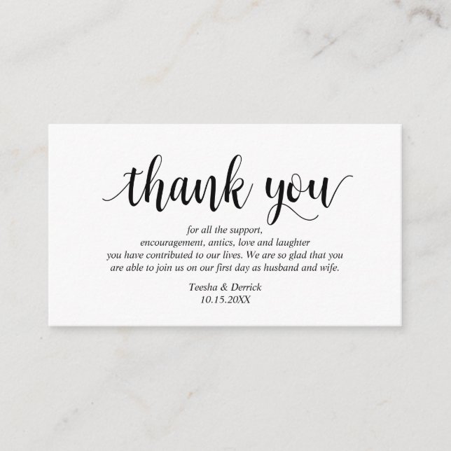 Modern Rustic Black Script, Wedding Thank you Enclosure Card (Front)