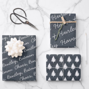 Modern Rustic Black White Family Name Christmas Wrapping Paper Sheet