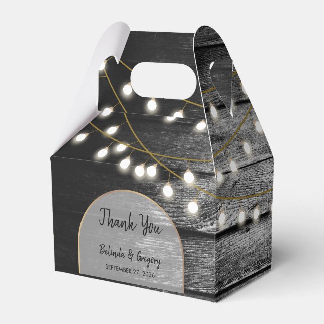 Modern Rustic Black Wood Gold Lights Arch Wedding Favor Box (Front Side)