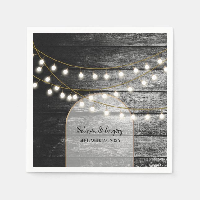 Modern Rustic Black Wood Gold Lights Arch Wedding Napkin (Front)