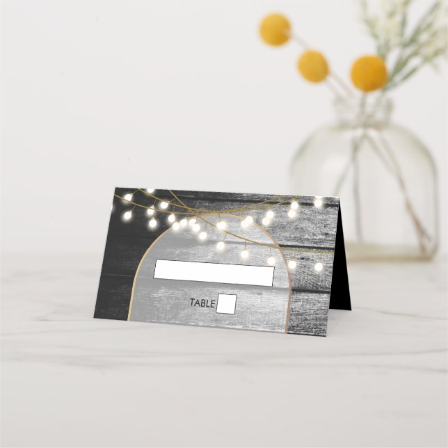 Modern Rustic Black Wood Gold Lights Arch Wedding Place Card (Front)