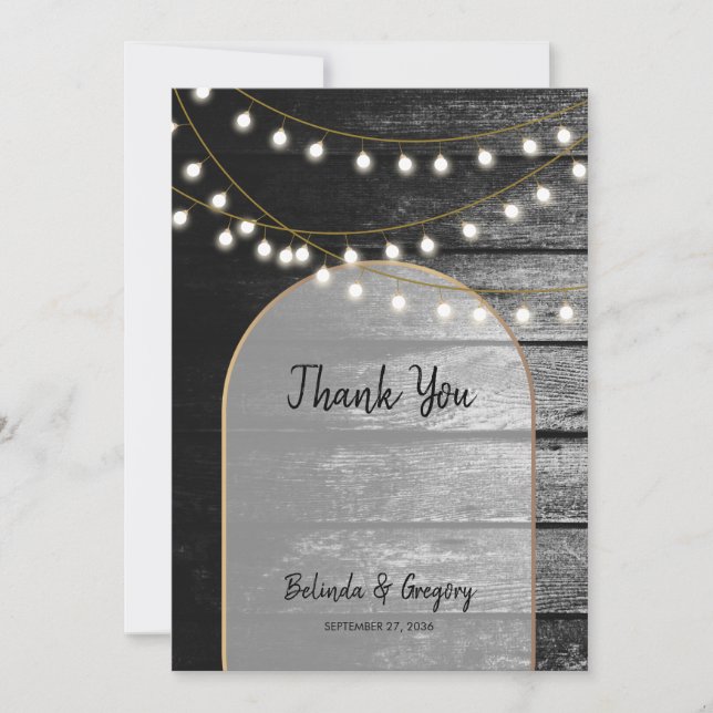 Modern Rustic Black Wood Gold Lights Arch Wedding  Thank You Card (Front)