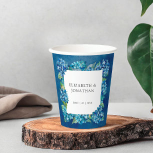 Modern Rustic Blue Hydrangeas Floral Wedding Paper Cups