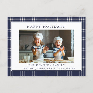 Modern Rustic Blue Plaid Family Photo Christmas  Postcard