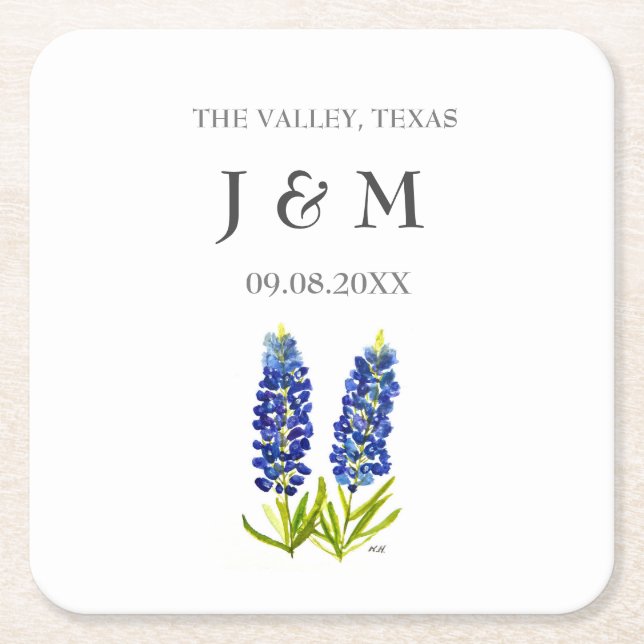 Modern Rustic Bluebonnet Custom Boho Gifts Wedding Square Paper Coaster (Front)