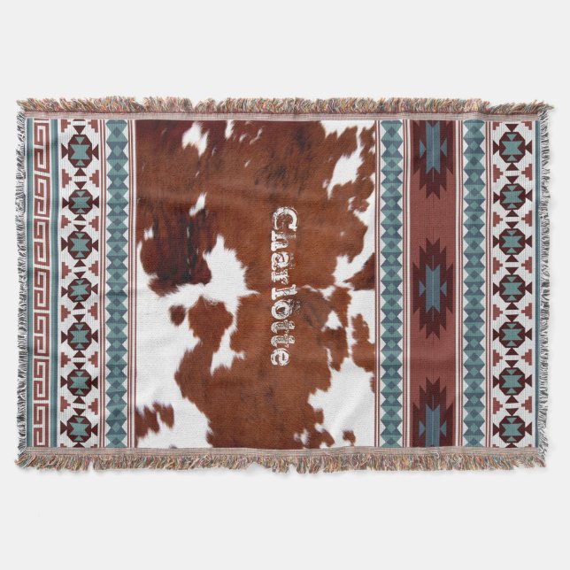 Modern Rustic Bohemian South Western Cowhide Name Throw Blanket (Front)