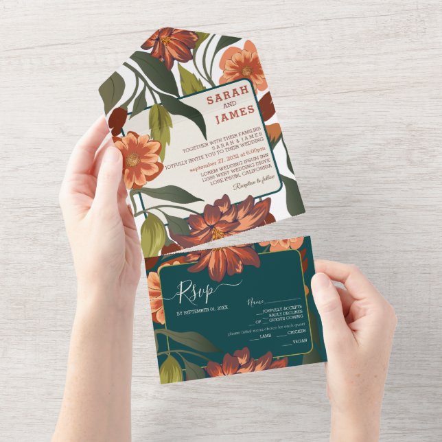 Modern Rustic boho Floral Fall wedding Custom All In One Invitation (Tearaway)