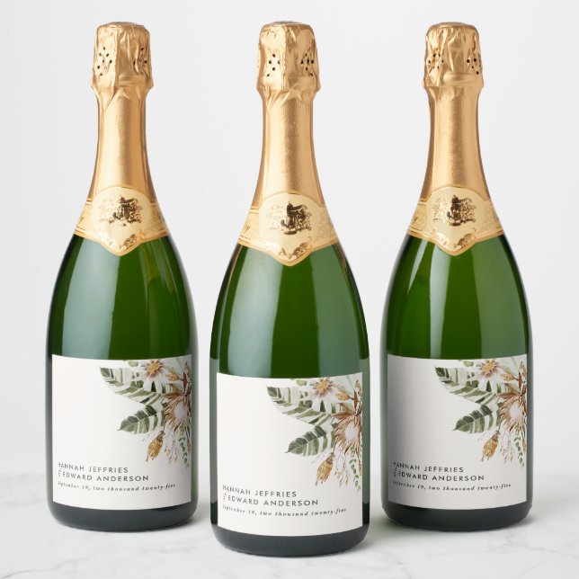 Modern rustic botanical elegant tropical wedding sparkling wine label (Bottles)
