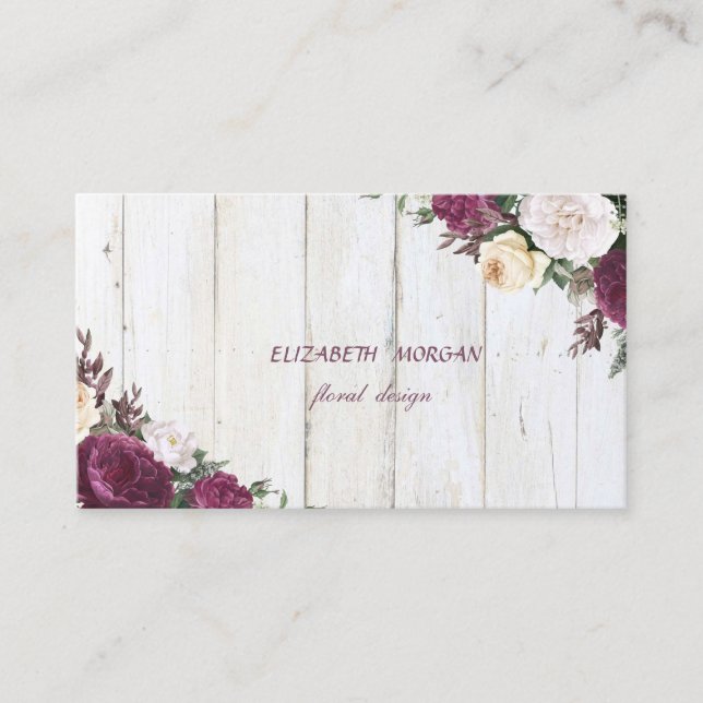 Modern Rustic Burgundy Floral Wood Texture Business Card (Front)